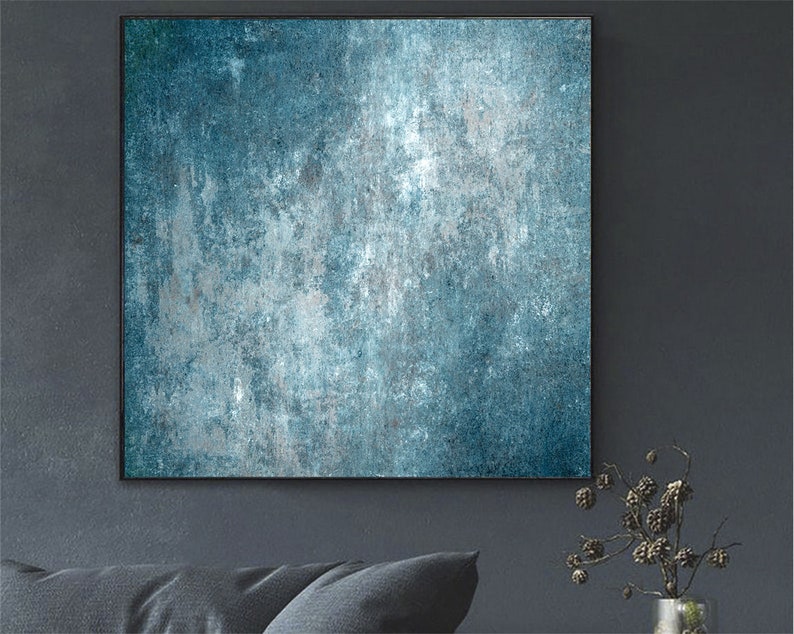 Large Blue Custom Oil Painting Original Industrial Modern French Shabby Chic Artwork Minimalist Wall Art Decor