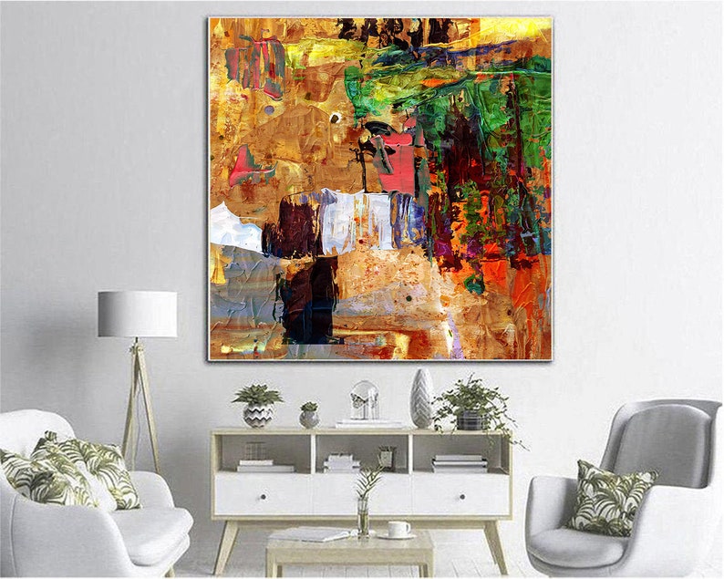 Rustic Landscape Abstract Painting – Vibrant Textured Canvas with Earthy Tones and Nature-Inspired Brushstrokes for Unique Decor