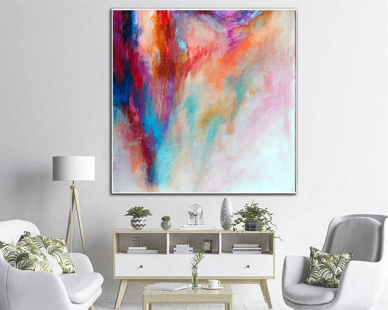 Blegt originalt kunstværk Farverigt moderne maleri på lærred med lyserøde og orange farver olie- og akrylkunst
