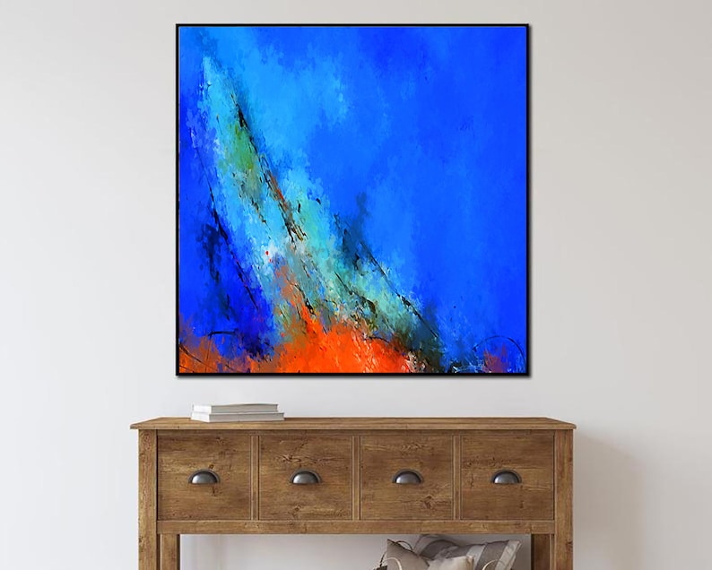 Vivid Abstract Painting - Original Handmade Artwork in Bold Blue and Orange Tones for Modern Wall Decor