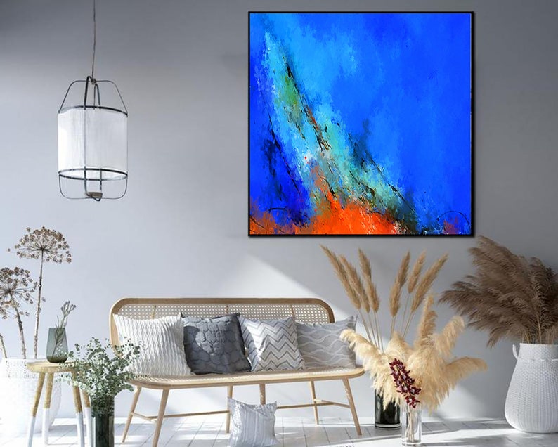 Vivid Abstract Painting - Original Handmade Artwork in Bold Blue and Orange Tones for Modern Wall Decor