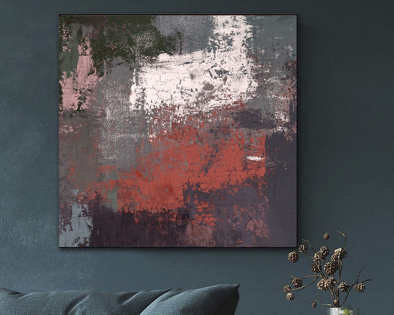 Abstract Gray Oil Painting Minimalist Artwork Red Textured Wall Art Original Modern Decor for Living Room