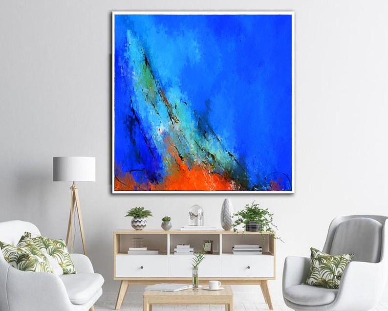 Vivid Abstract Painting - Original Handmade Artwork in Bold Blue and Orange Tones for Modern Wall Decor