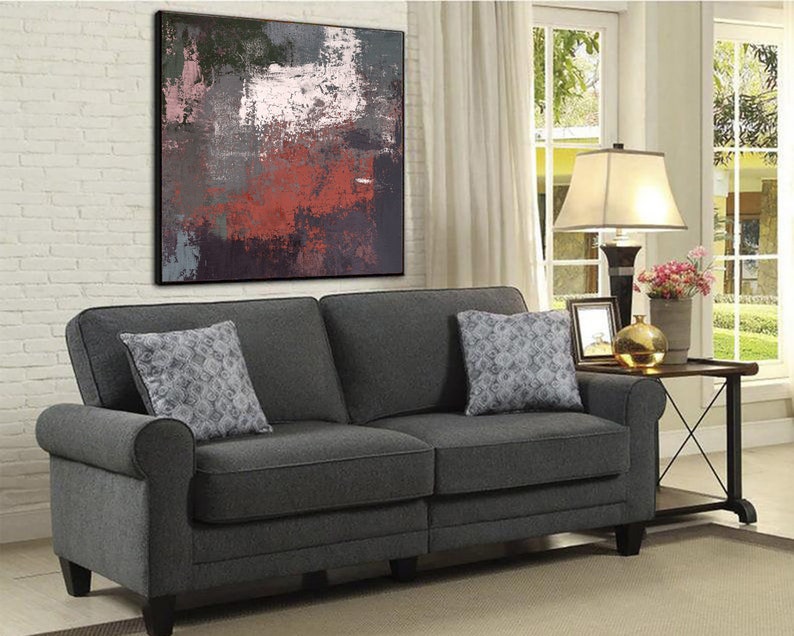 Abstract Gray Oil Painting Minimalist Artwork Red Textured Wall Art Original Modern Decor for Living Room