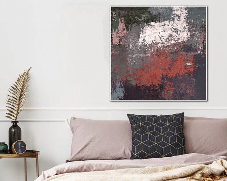 Abstract Gray Oil Painting Minimalist Artwork Red Textured Wall Art Original Modern Decor for Living Room