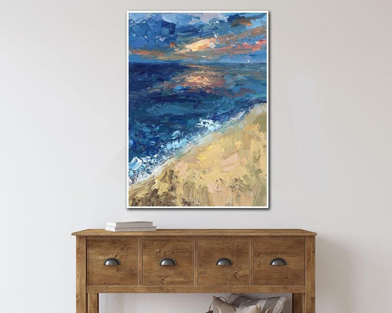 Original Ocean Oil Painting Abstract Sea Wall Hanging Artwork Modern Acrylic Wall Art Decor for Living Room