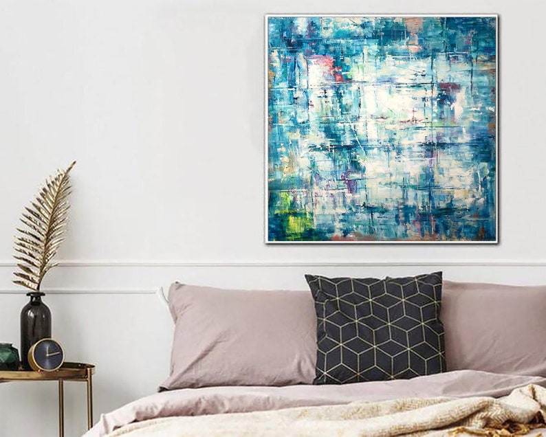 Original Blue Painting On Canvas Custom Oil Wall Hanging Artwork Modern Textured Handmade Decor for Living Room