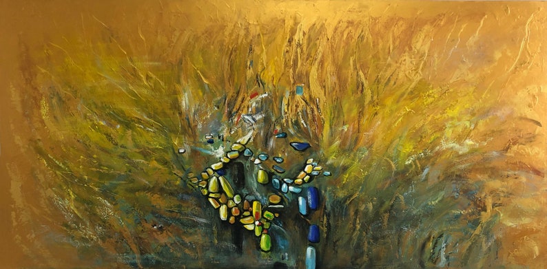 Golden Abstract Painting on Canvas Modern Wall Art with Blue and Green Accents Textured Original Large Contemporary Artwork