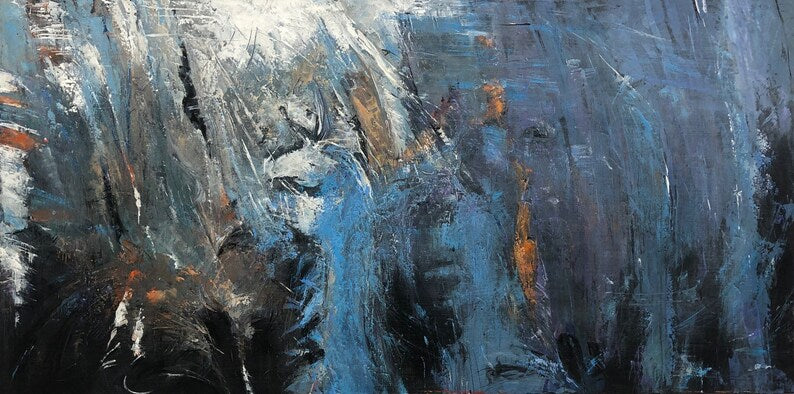 Abstrakte blå malerier på lærred, moderne oliemaleri, kraftigt tekstureret kunstværk, kreativt skandinavisk kunstværk til vægdekoration i stuen