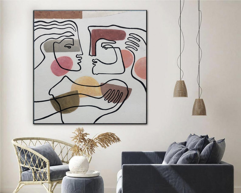 Large 60x60" Acrylic Abstract Painting Kissing Couple Painting Romantic Original Painting Love Couple Modern Art Painting for Living Room