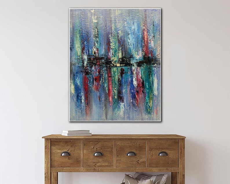 Abstract City Painting On Canvas Modern Colorful Wall Art Original Textured Artwork for Office Decor