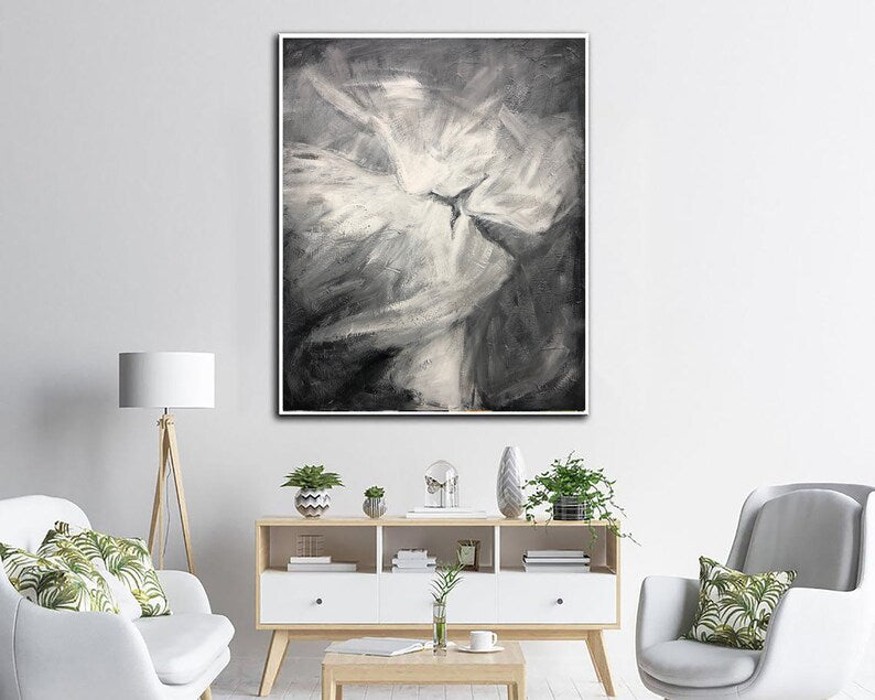 Romantisk maleri Sort-hvidt kyssemaleri Tekstureret kunst Parmaleri Monokrom vægkunst Figurativ abstrakt kunst Jubilæumsgave