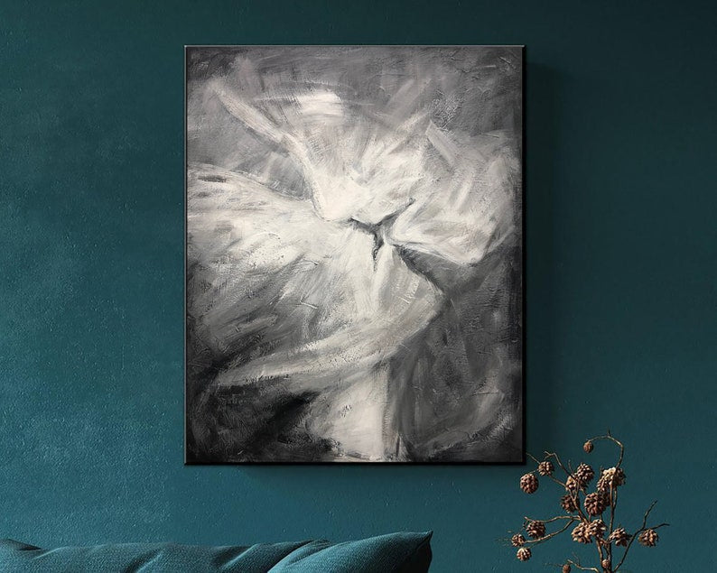 Romantic Painting Black and White Kissing Painting Textured Art Couple Painting Monochrome Wall Art Figurative Abstract Art Anniversary Gift