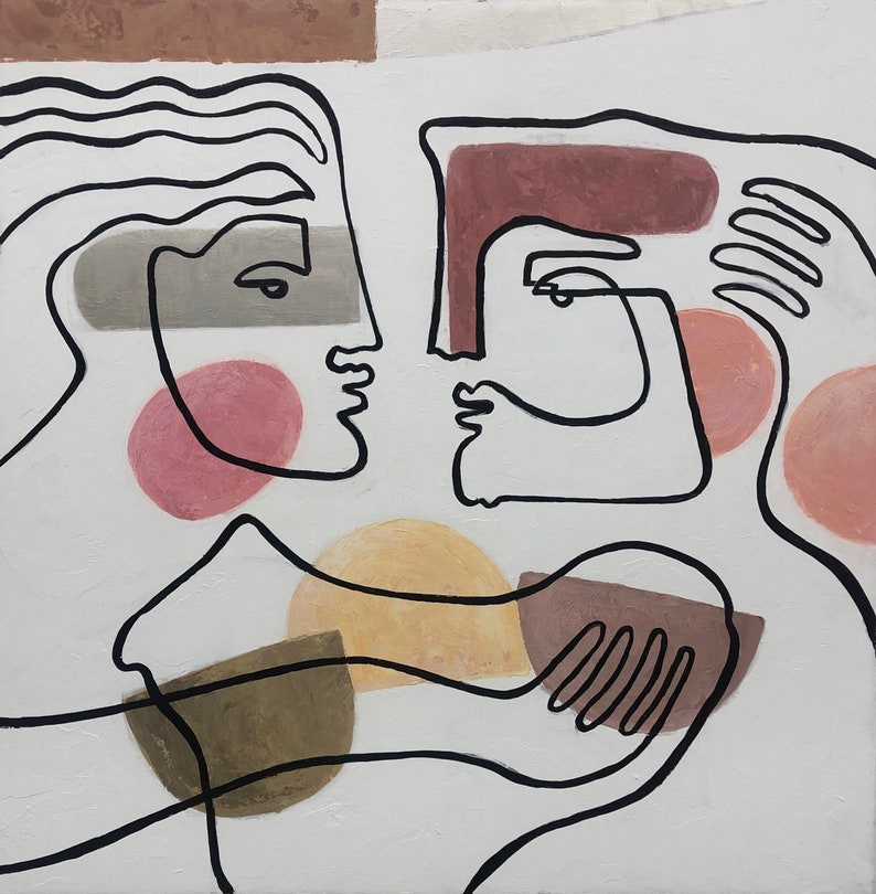 Large 60x60" Acrylic Abstract Painting Kissing Couple Painting Romantic Original Painting Love Couple Modern Art Painting for Living Room