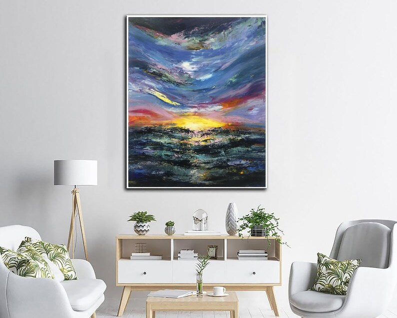 Sunset Painting Ocean Waves Wall Art Framed Statement Wall Art Large Canvas Painting Colorful Wall Art Abstract Seascape Art Sky Landscape