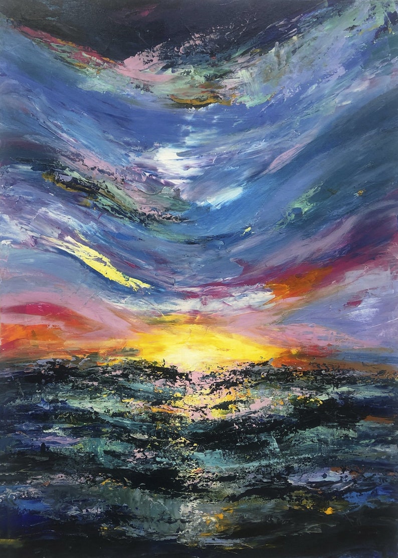 Sunset Painting Ocean Waves Wall Art Framed Statement Wall Art Large Canvas Painting Colorful Wall Art Abstract Seascape Art Sky Landscape