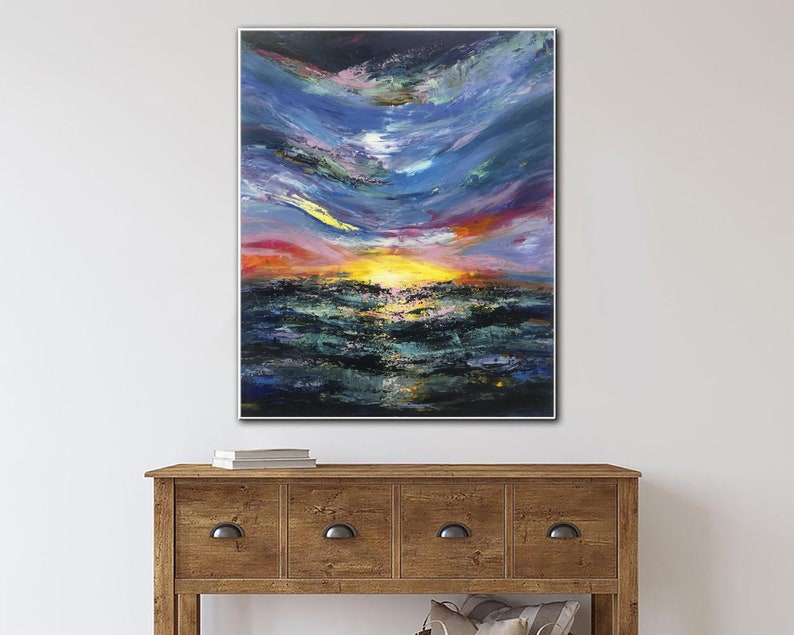 Sunset Painting Ocean Waves Wall Art Framed Statement Wall Art Large Canvas Painting Colorful Wall Art Abstract Seascape Art Sky Landscape