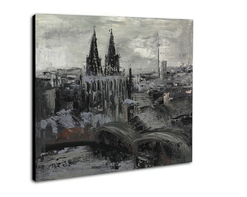 Abstract Cityscape Paintings On Canvas, Original Black And White Art, Impressionism Contemporary Art Unique Boho Style Wall Decor for Home