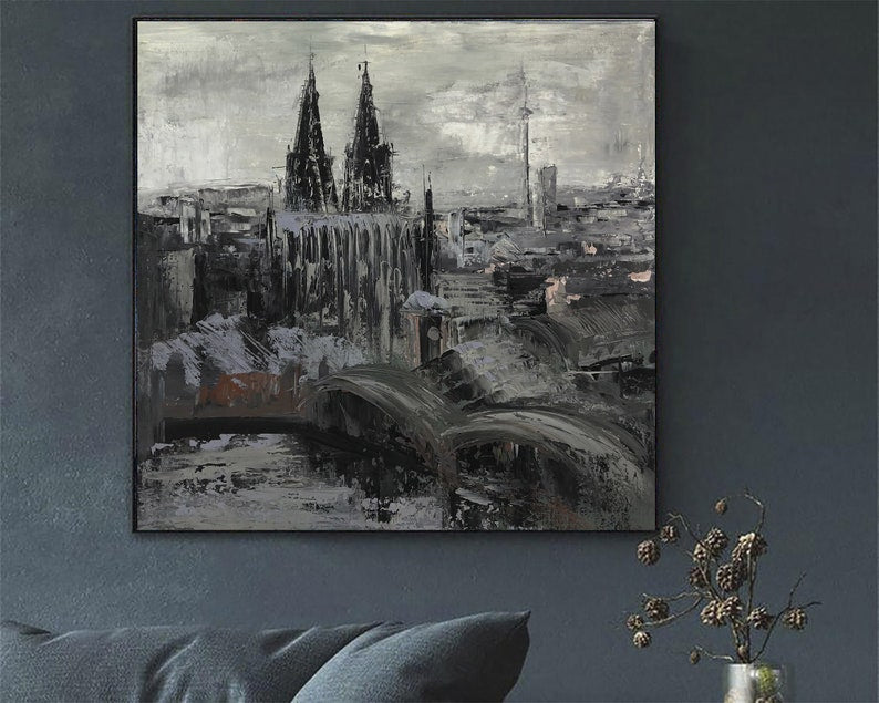 Abstract Cityscape Paintings On Canvas, Original Black And White Art, Impressionism Contemporary Art Unique Boho Style Wall Decor for Home