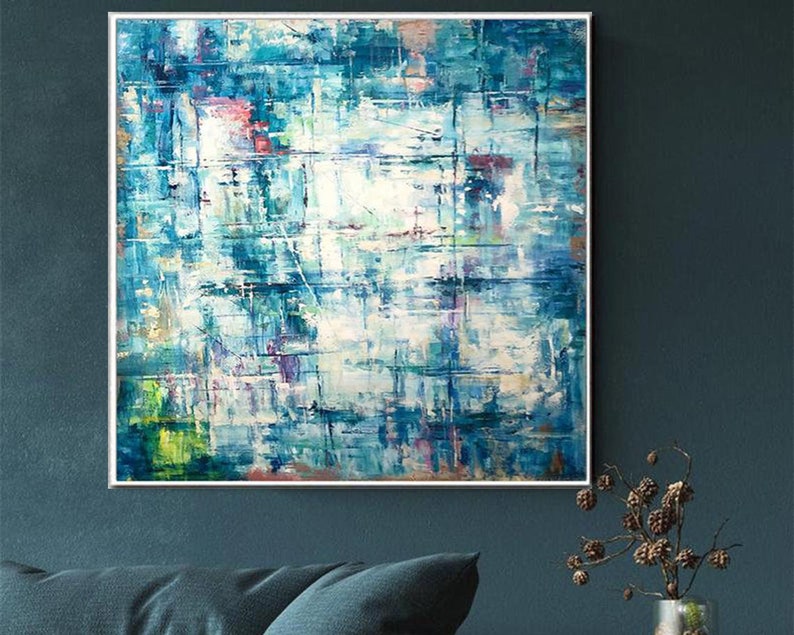 Original Blue Painting On Canvas Custom Oil Wall Hanging Artwork Modern Textured Handmade Decor for Living Room