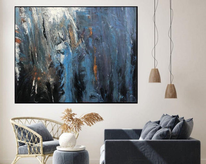 Modern navy blue artwork on canvas Abstract contemporary wall painting Oversized wall art for dining room