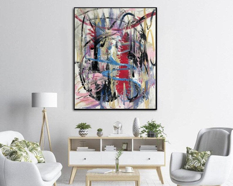Abstract Colorful Lines Oil Painting Original Bright Shapes Artwork Modern Wall Art Decor for Bedroom