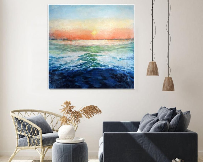 Abstract Sunset Over The Ocean Paintings On Canvas, Original Seascape Painting, Textured Boho Style Art, Handmade Painting for Home Decor