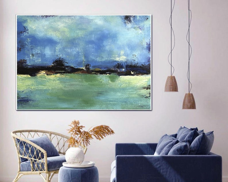 Abstract Horizon Art Green Blue Painting Horizon Line Serene Beauty Rich Textured Art Creative Painting