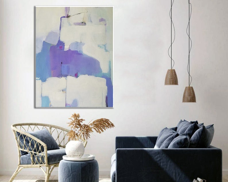 Modern Abstract Painting - Original Handmade Artwork in White and Lavender Tones for Minimalist Decor
