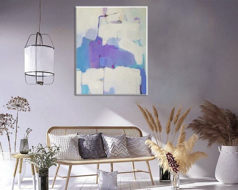 Modern Abstract Painting - Original Handmade Artwork in White and Lavender Tones for Minimalist Decor