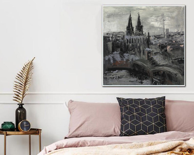 Abstract Cityscape Paintings On Canvas, Original Black And White Art, Impressionism Contemporary Art Unique Boho Style Wall Decor for Home