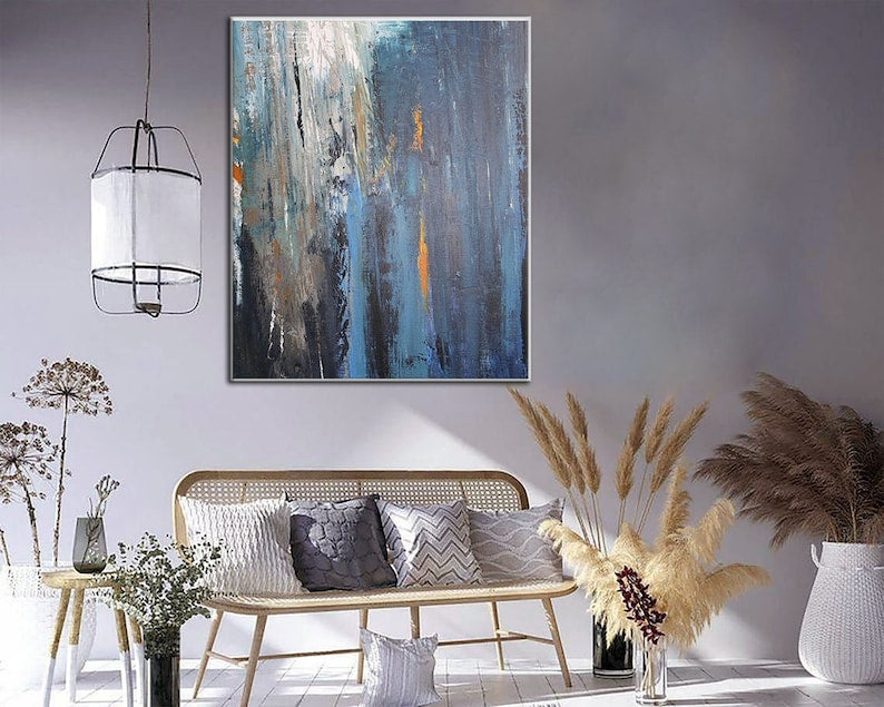 Original Abstract Blue Paintings on Canvas Neutral Oil Artwork, Contemporary Minimalist Painting, Textured Hand Painted Artwork for Home