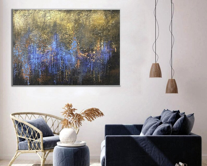 Large Abstract Paintong Original Fine Art on Canvas Gold Abstract Painting Blue Wall Art Original Acrylic Art Work for Living Room