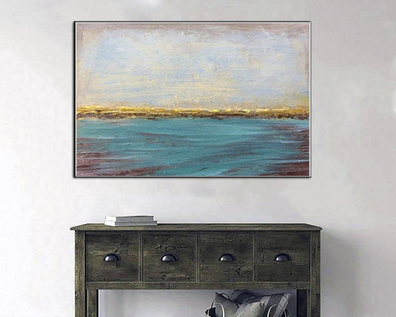 Abstract Seascape Painting Ocean Horizon Wall Art Coastal Home Decor Blue and Gold Painting Ocean-Inspired Art Calm and Peaceful Canvas