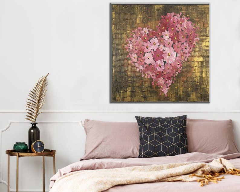 Abstract Heart Painting Heart Flower Painting Canvas Romantic Artwork Gold Wall Art Textured Art Modern Fine Art for Home Wall Decor