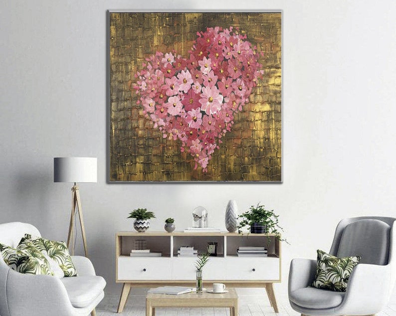 Abstract Heart Painting Heart Flower Painting Canvas Romantic Artwork Gold Wall Art Textured Art Modern Fine Art for Home Wall Decor