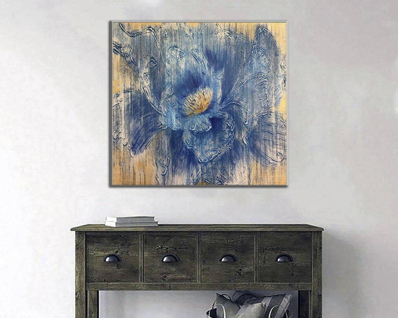 Blue Floral Abstract Painting Textured Wall Art Large Canvas Art Modern Home Decor Blue Art Botanical Art Framed Art Flower Wall Art