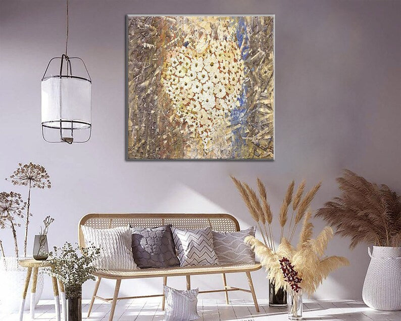 Large Abstract Golden Flowers Paintings On Canvas Original Floral Art Gold Painting Flowers Hand Pained Fine Art for Living Room Wall Decor