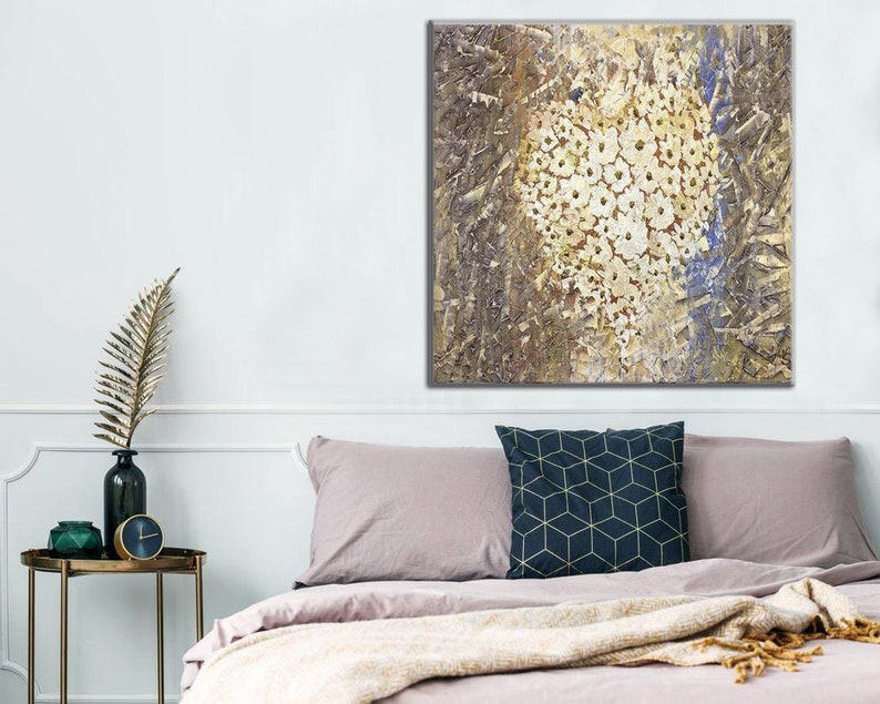 Large Abstract Golden Flowers Paintings On Canvas Original Floral Art Gold Painting Flowers Hand Pained Fine Art for Living Room Wall Decor