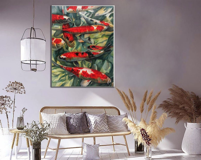 Koi Fish Oil Painting On Canvas Modern Wall Art Feng Shui Painting Koi Fish Feng Shui Carp Pond Oil Painting on Canvas Wall Art