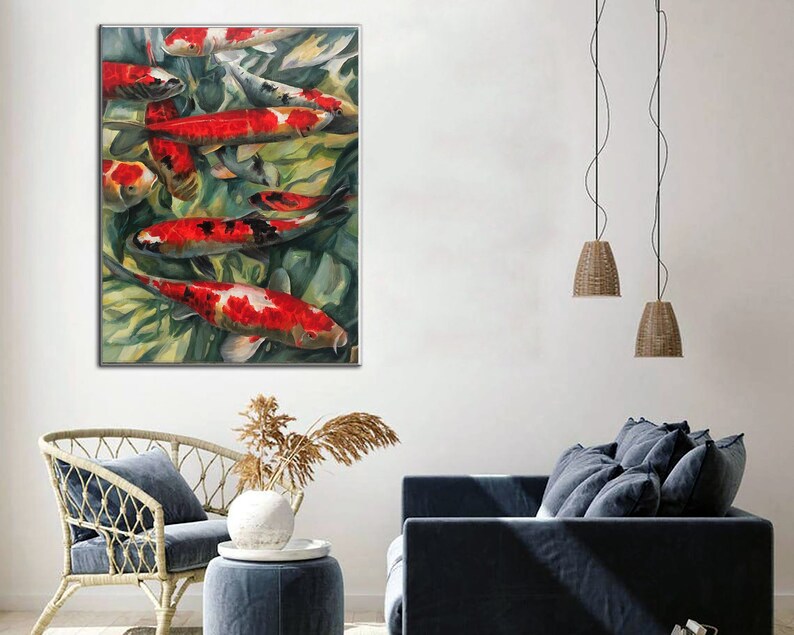 Koi Fish Oil Painting On Canvas Modern Wall Art Feng Shui Painting Koi Fish Feng Shui Carp Pond Oil Painting on Canvas Wall Art
