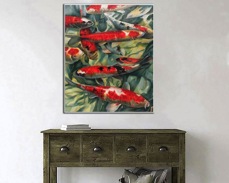Koi Fish Oil Painting On Canvas Modern Wall Art Feng Shui Painting Koi Fish Feng Shui Carp Pond Oil Painting on Canvas Wall Art