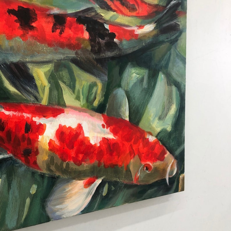 Koi Fish Oil Painting On Canvas Modern Wall Art Feng Shui Painting Koi Fish Feng Shui Carp Pond Oil Painting on Canvas Wall Art