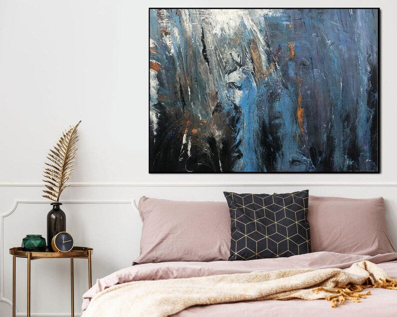 Modernes marineblaues Kunstwerk auf Leinwand, abstraktes zeitgenössisches Wandgemälde, übergroße Wandkunst für Esszimmer