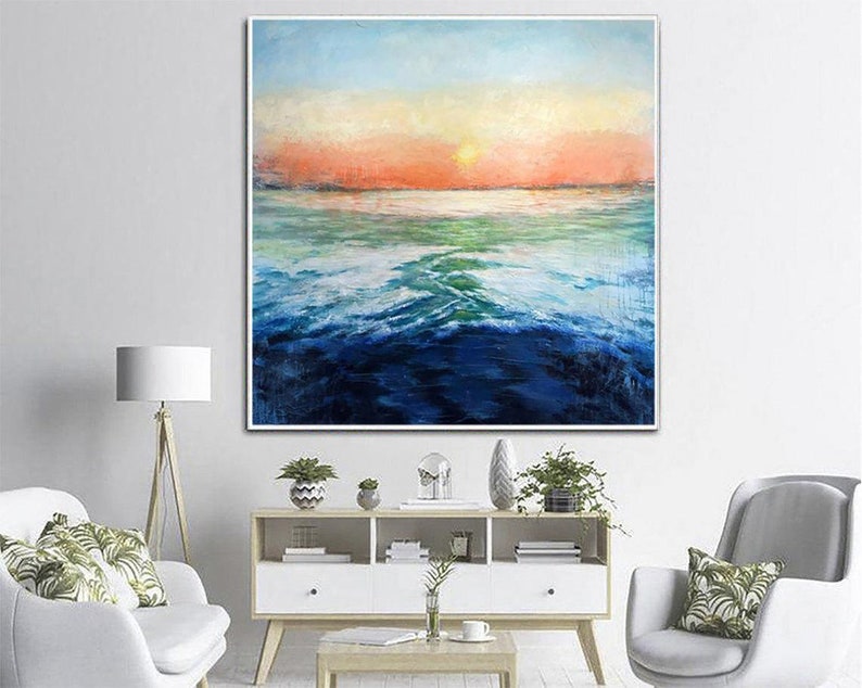Abstract Sunset Over The Ocean Paintings On Canvas, Original Seascape Painting, Textured Boho Style Art, Handmade Painting for Home Decor
