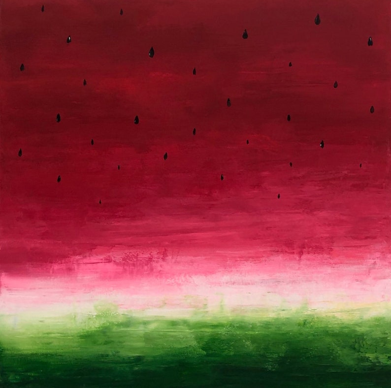 Vandmelon, Originalmaleri, Abstrakt maleri, Ekspressionistisk maleri, Vandmelonmaleri, Stilleben, Farverig, Vandmelon rødgrøn