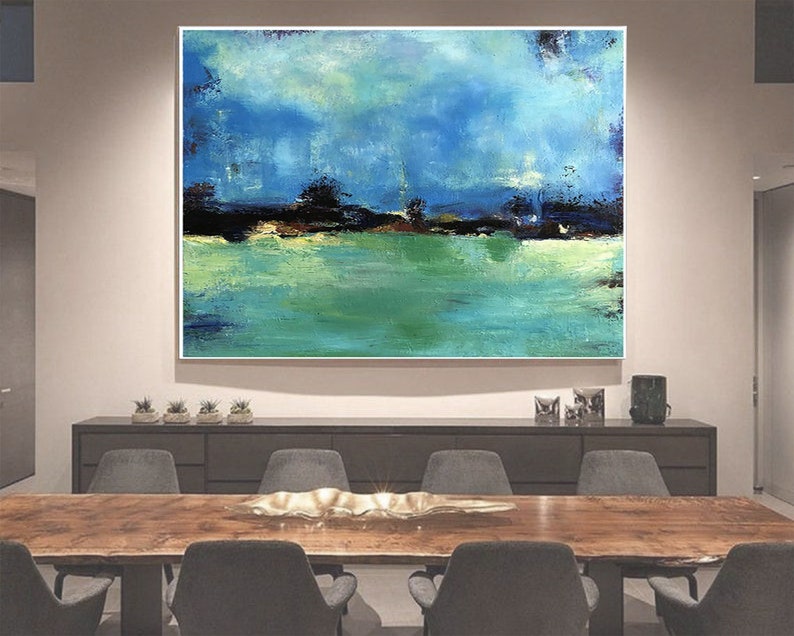 Abstract Horizon Art Green Blue Painting Horizon Line Serene Beauty Rich Textured Art Creative Painting