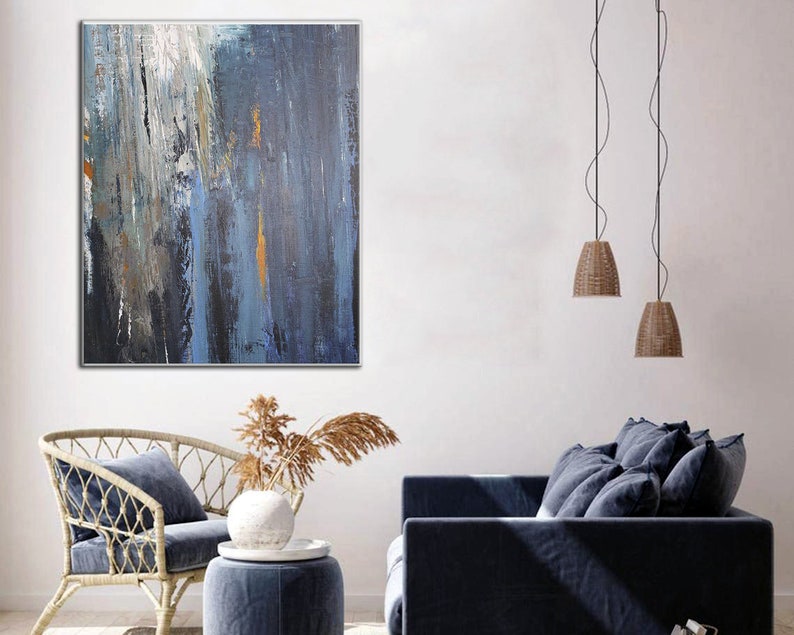 Original Abstract Blue Paintings on Canvas Neutral Oil Artwork, Contemporary Minimalist Painting, Textured Hand Painted Artwork for Home