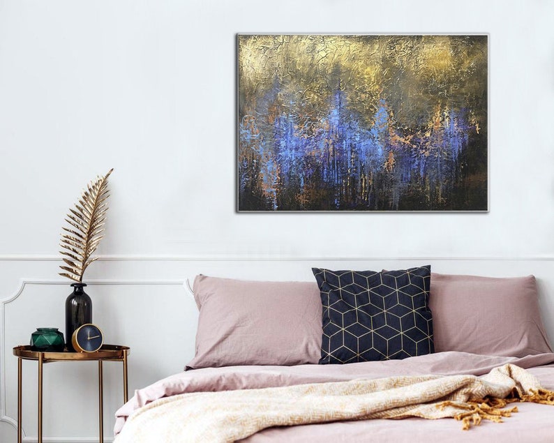 Large Abstract Paintong Original Fine Art on Canvas Gold Abstract Painting Blue Wall Art Original Acrylic Art Work for Living Room