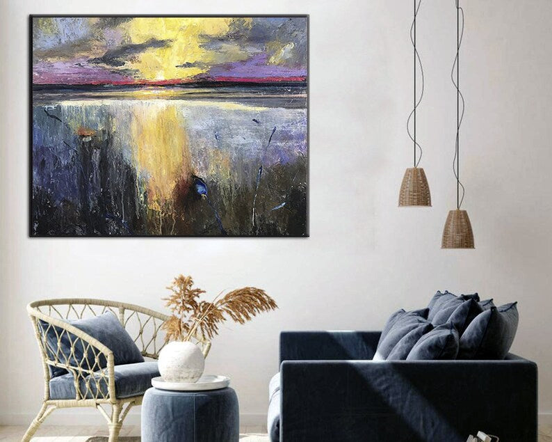 Sunset Painting Original Painting Golden Sunset Tranquil Lake Painting Coastal Wall Decor Living Room Decor Framed Art Apartment Wall Art
